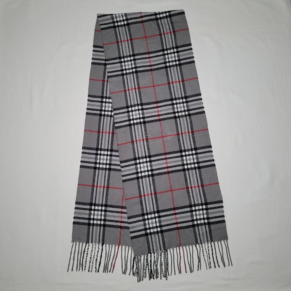 Womens Scarf Cashmere Blend Fringe Italy Design Gray Black Red Plaid - Picture 3 of 6